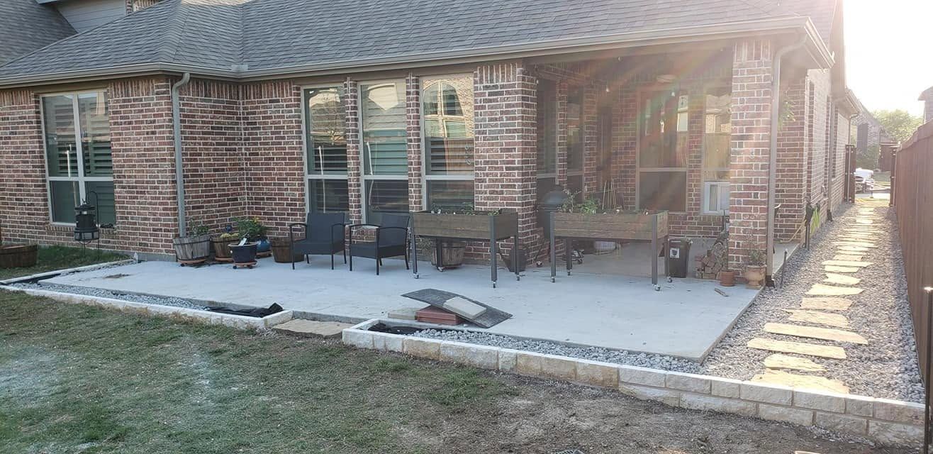 Covered patio and seating area with fresh concrete going in