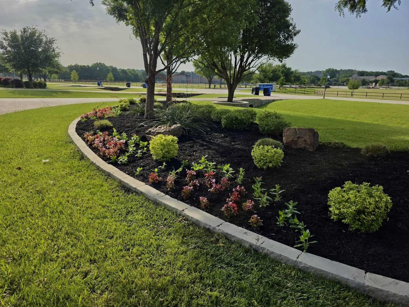 Commercial landscape bed with stone edging, flowers, and shrubs at a DFW campus
