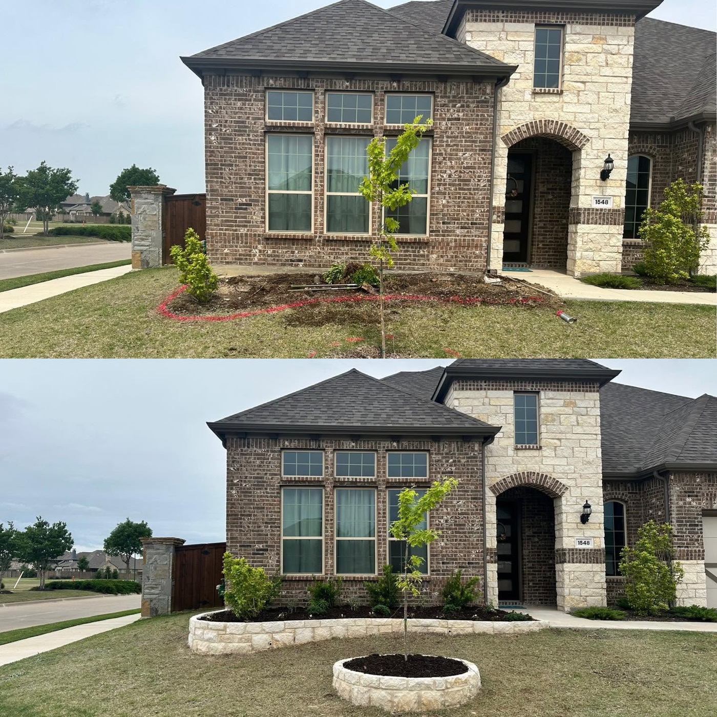 Front bed stonework before and after in North Fort Worth